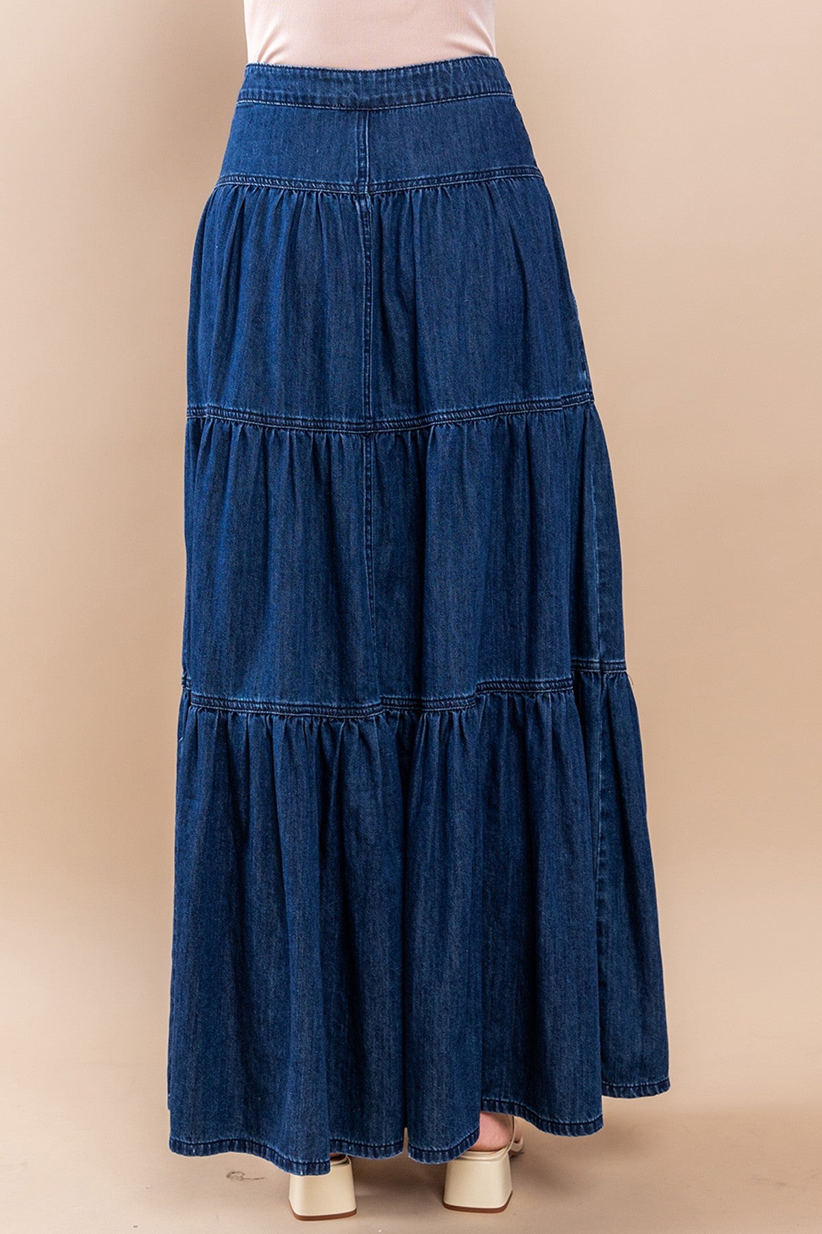 Tiered Denim Maxi Skirt-Dark Denim