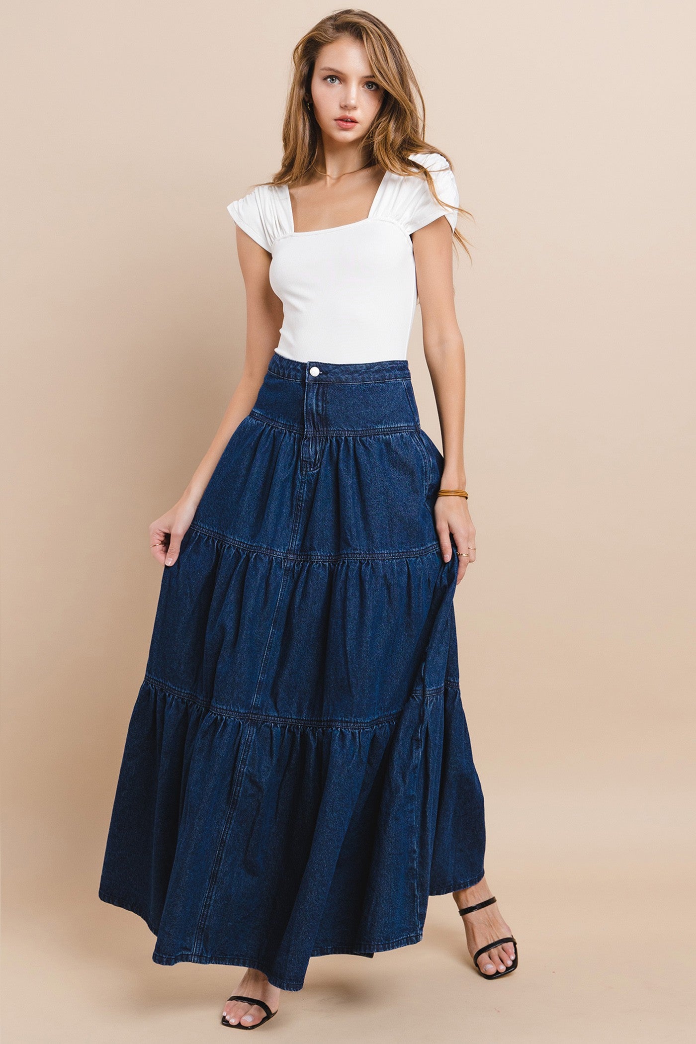 Tiered Denim Maxi Skirt-Dark Denim