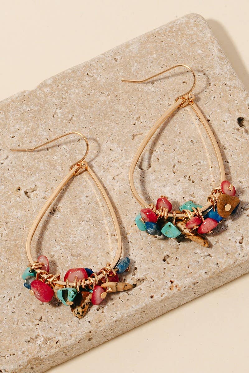Pebble Stone Charms Tear Drop Earrings-Multi