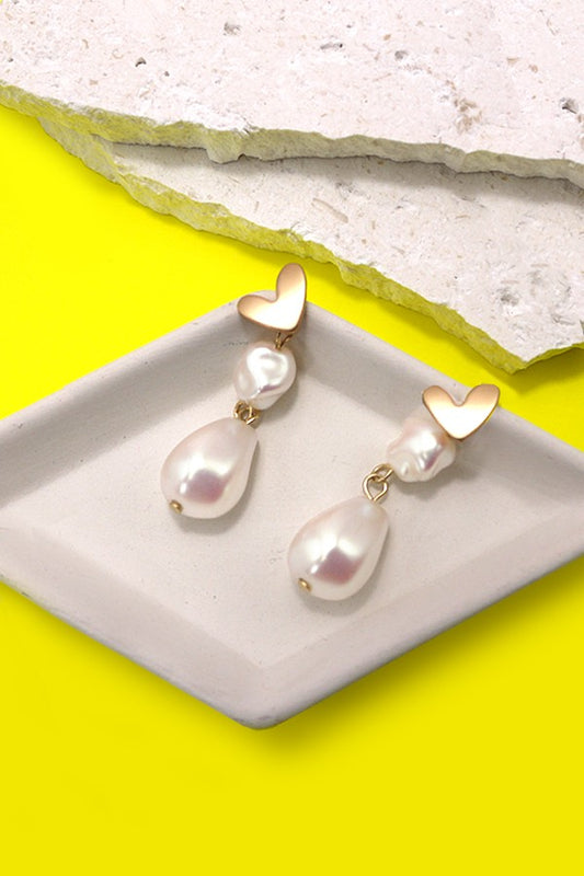 Pearl Drop Heart Post Earrings-Matte Gold