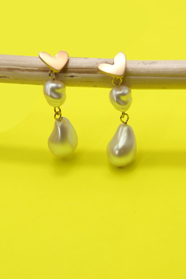 Pearl Drop Heart Post Earrings-Matte Gold