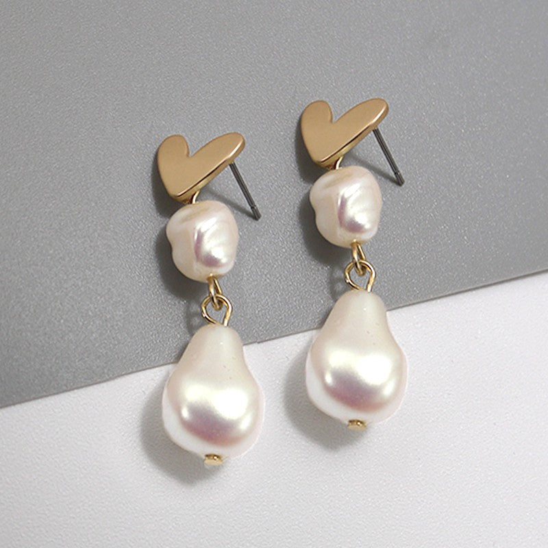 Pearl Drop Heart Post Earrings-Matte Gold