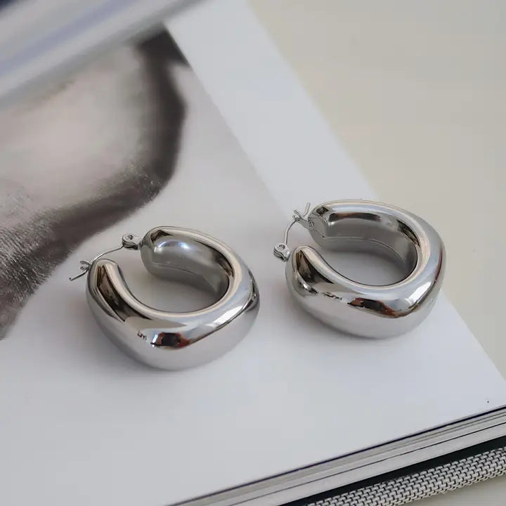 18K Non-Tarnish Classic U Hoop Earrings-Silver