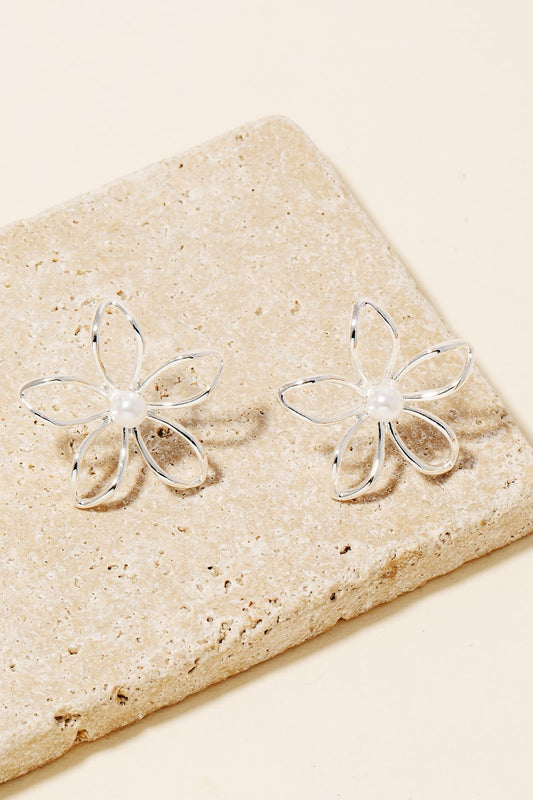 Flower Design Pearl Stud Earrings-Silver