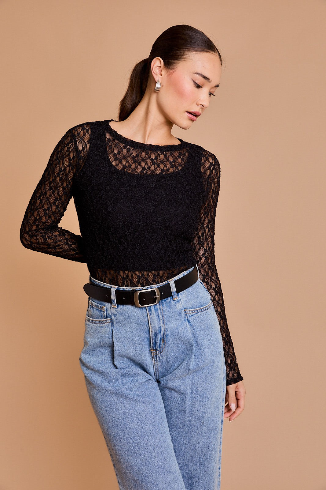 Long Sleeve Lace Fitted Top-Black