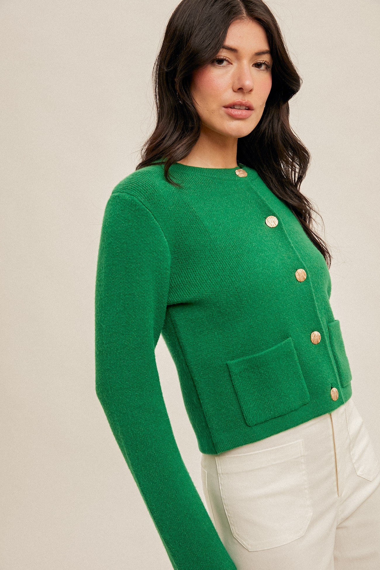 Button Front Crop Sweater-Kelly Green