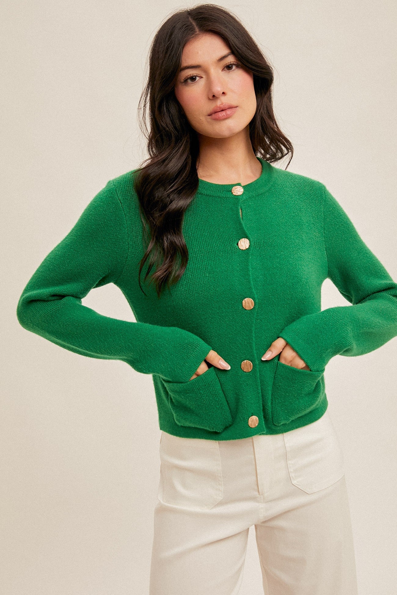 Button Front Crop Sweater-Kelly Green