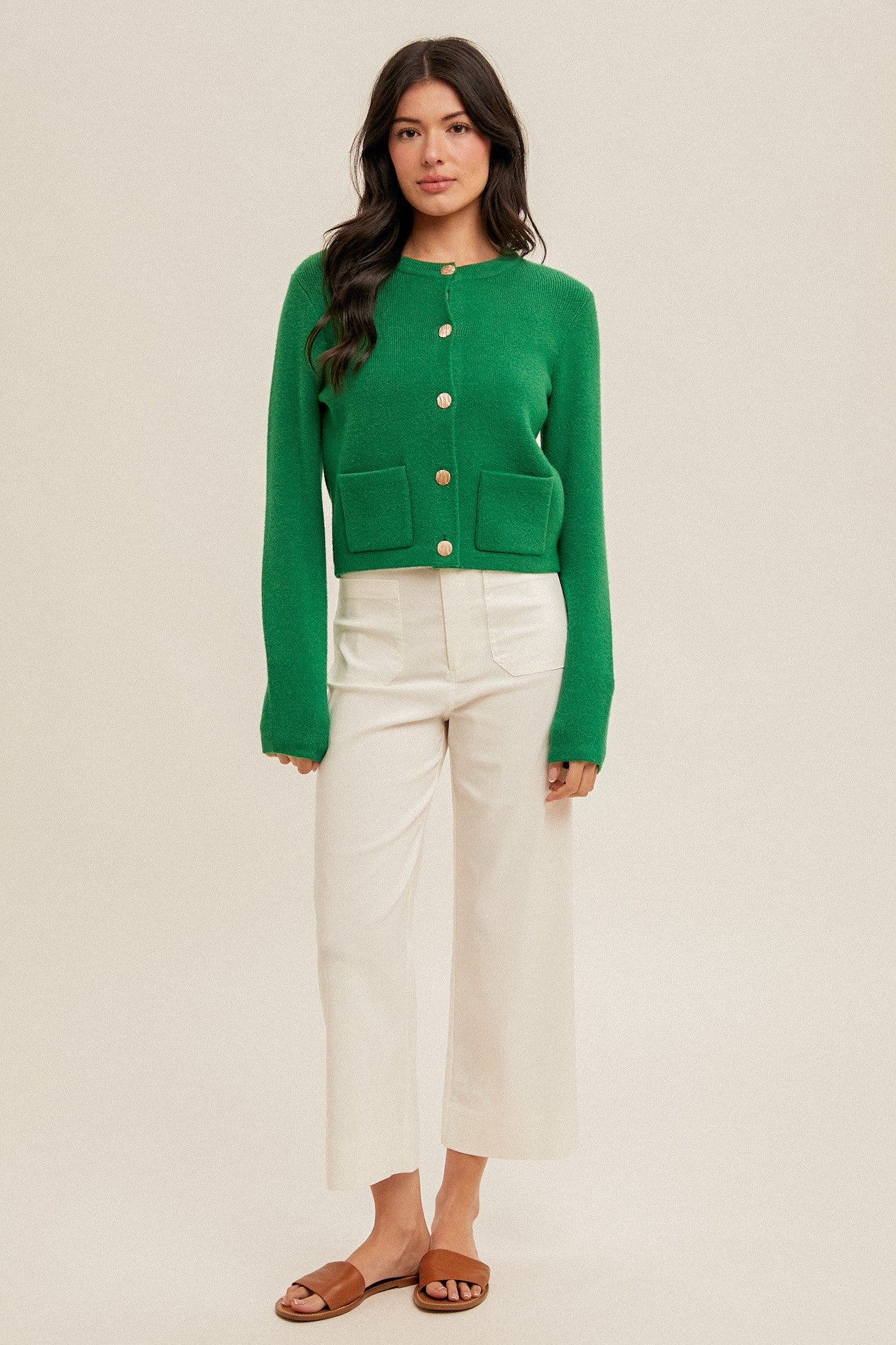 Button Front Crop Sweater-Kelly Green