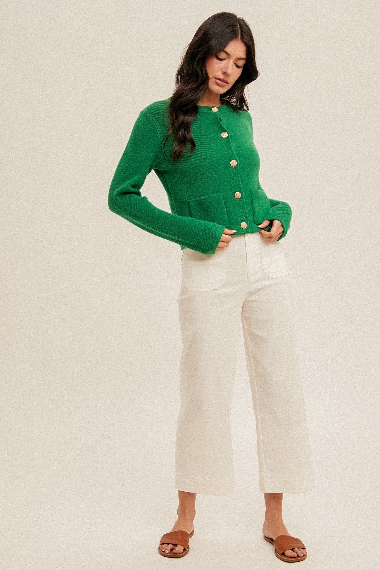 Button Front Crop Sweater-Kelly Green