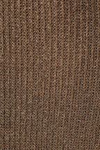 Close-up of a brown ribbed knit fabric texture, showing the detailed vertical pattern and heathered weave.