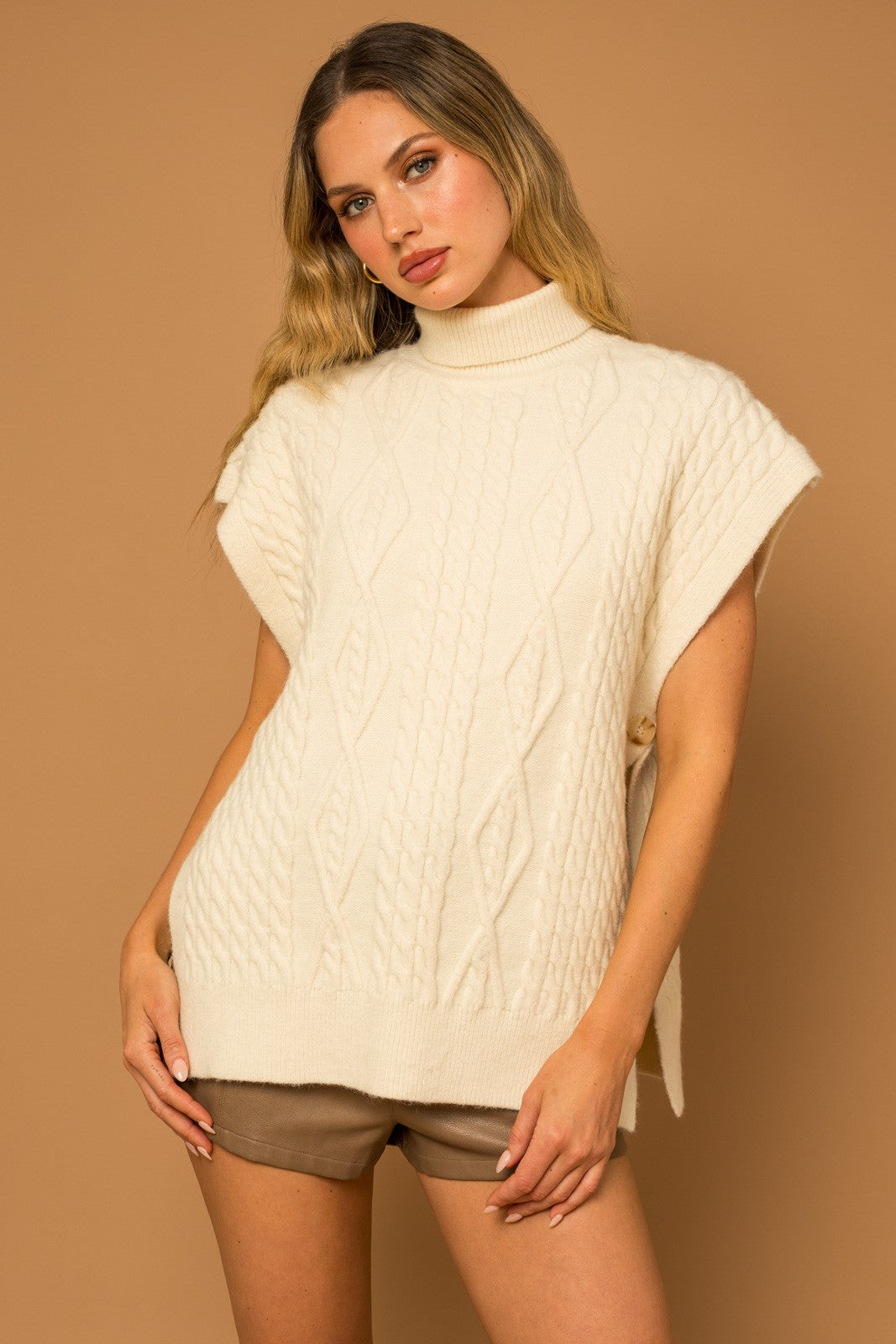 Turtle Neck Cable Knit Poncho-Cream