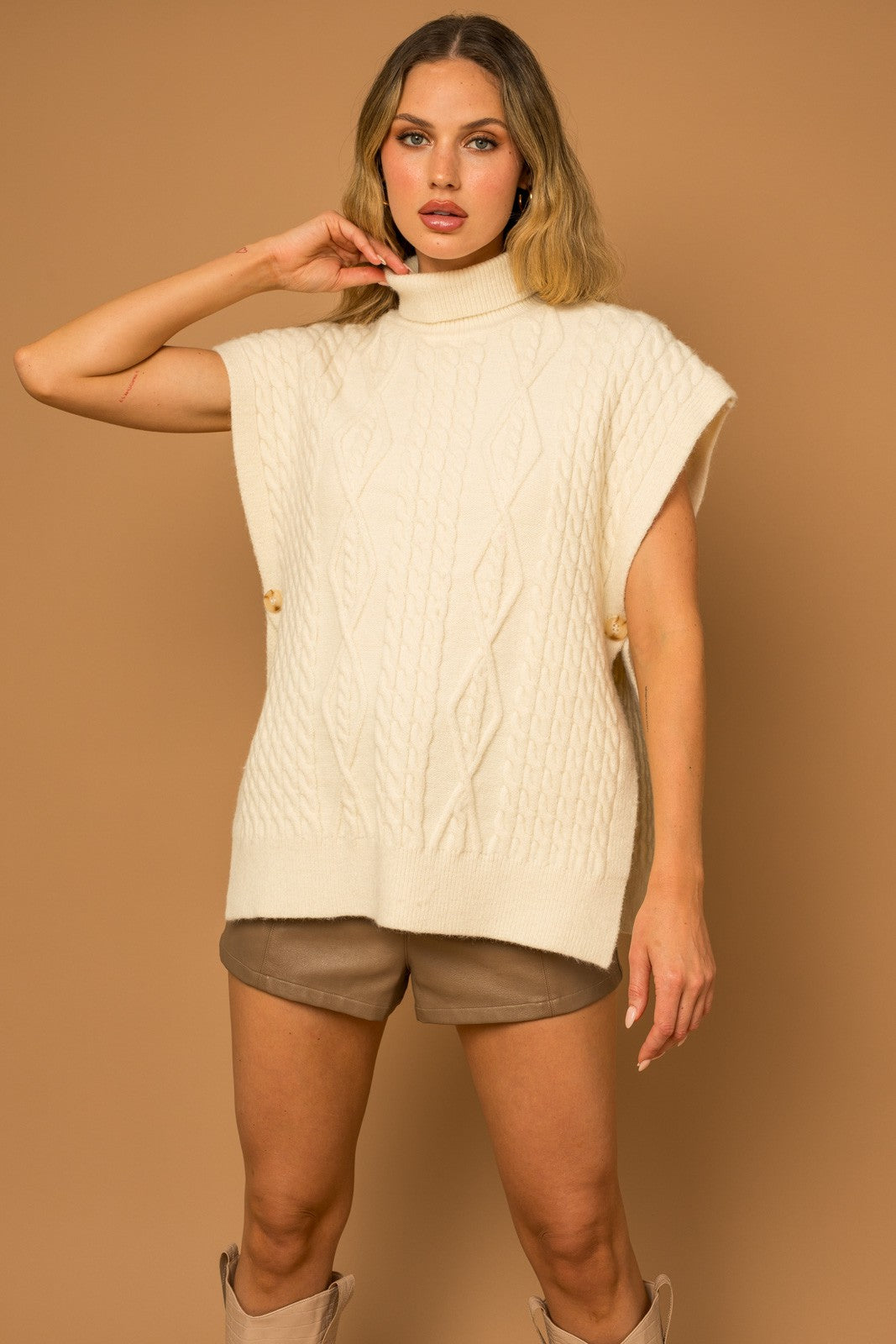 Turtle Neck Cable Knit Poncho-Cream