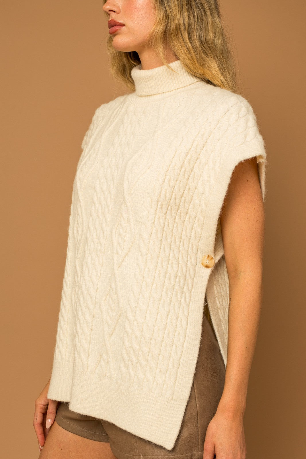 Turtle Neck Cable Knit Poncho-Cream