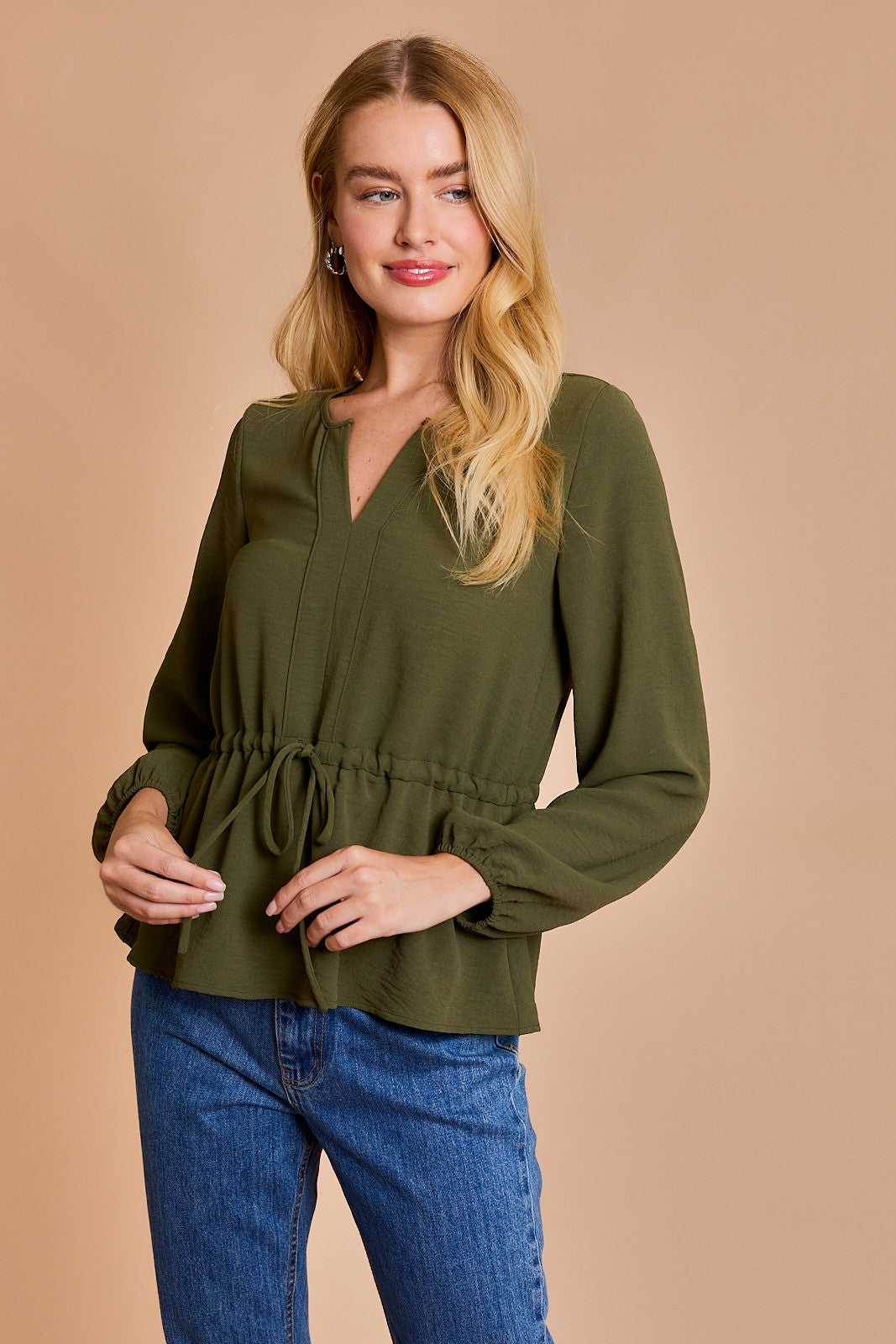 Long Sleeve V-Slit Neckline Drawstring Waist Top-Olive