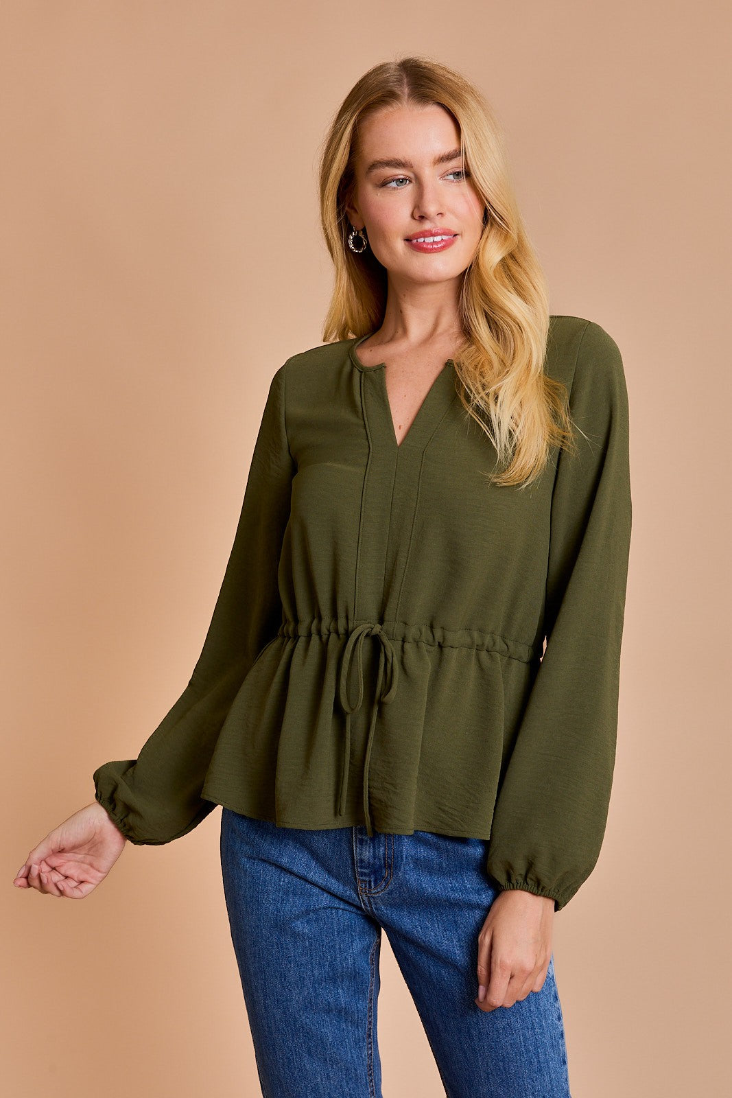 Long Sleeve V-Slit Neckline Drawstring Waist Top-Olive