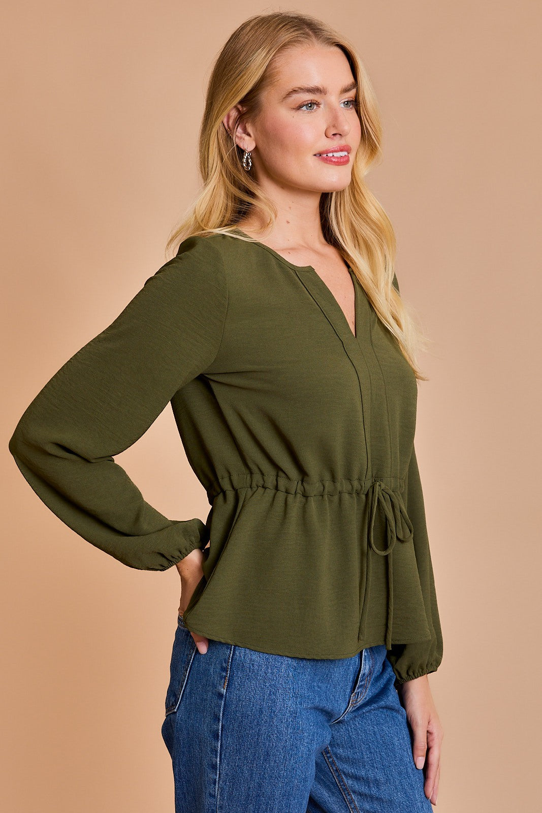 Long Sleeve V-Slit Neckline Drawstring Waist Top-Olive