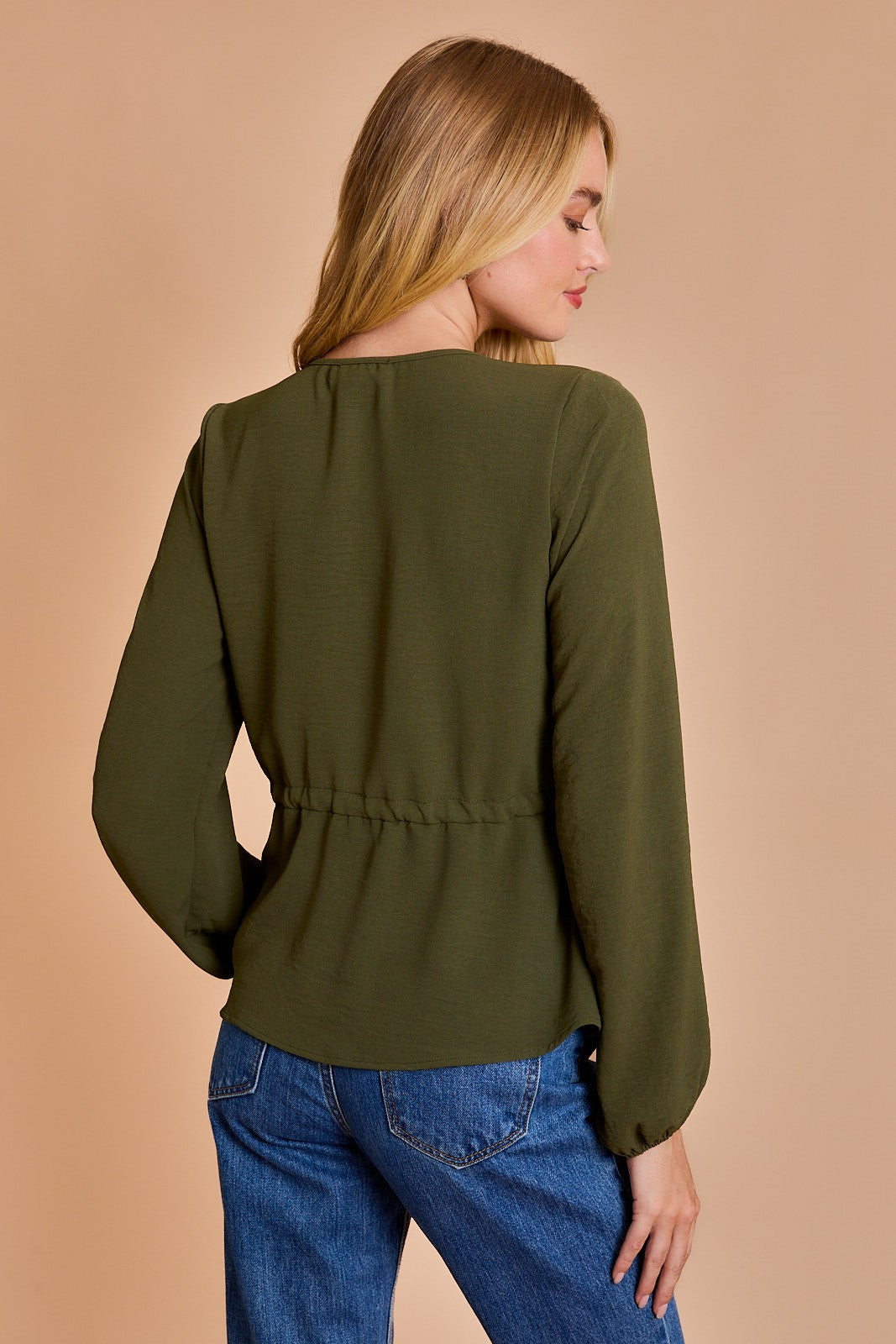 Long Sleeve V-Slit Neckline Drawstring Waist Top-Olive