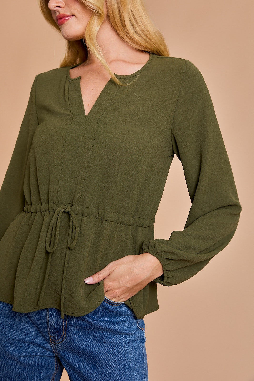 Long Sleeve V-Slit Neckline Drawstring Waist Top-Olive