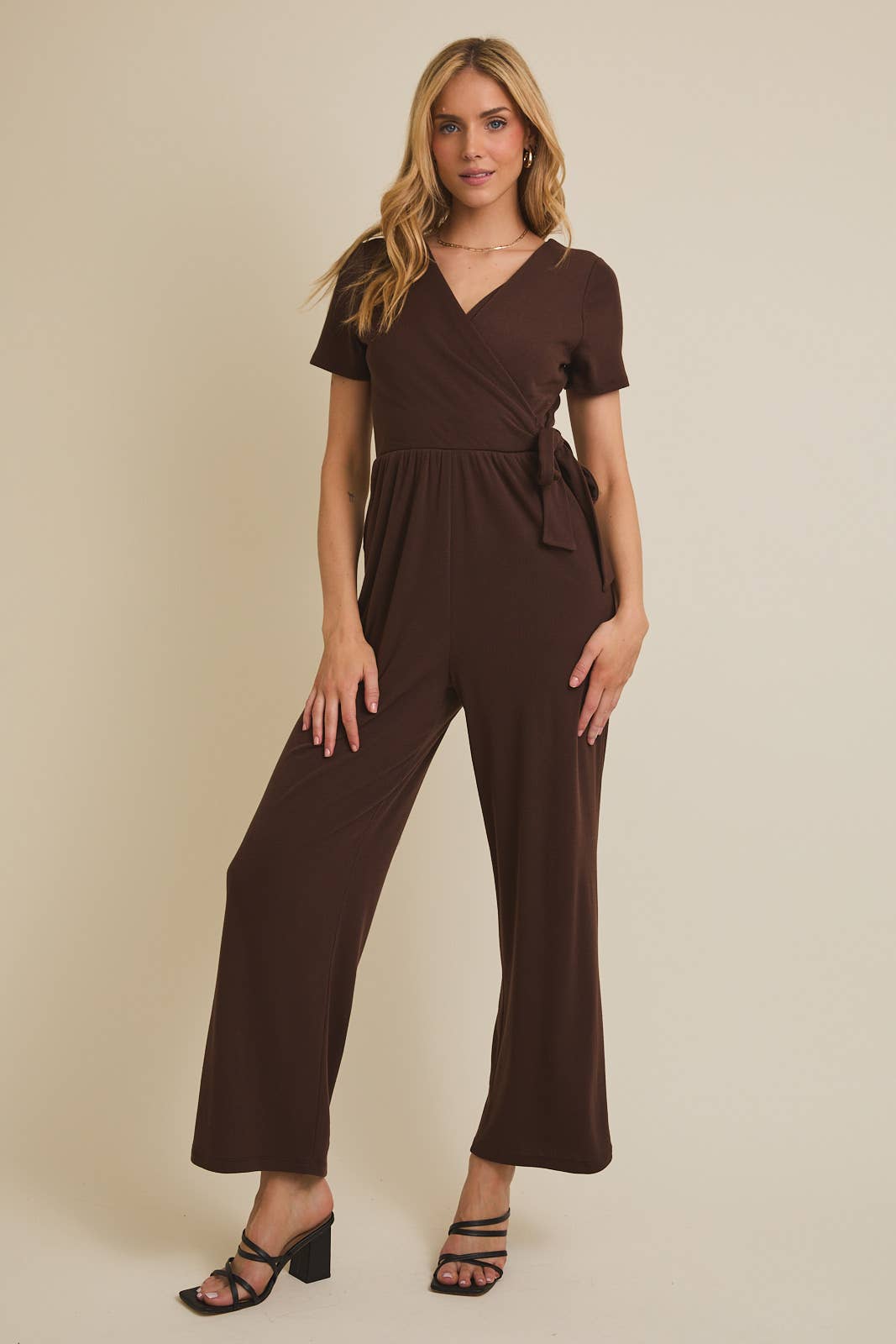 Women's Brown Surplice Wide Leg Jumpsuit