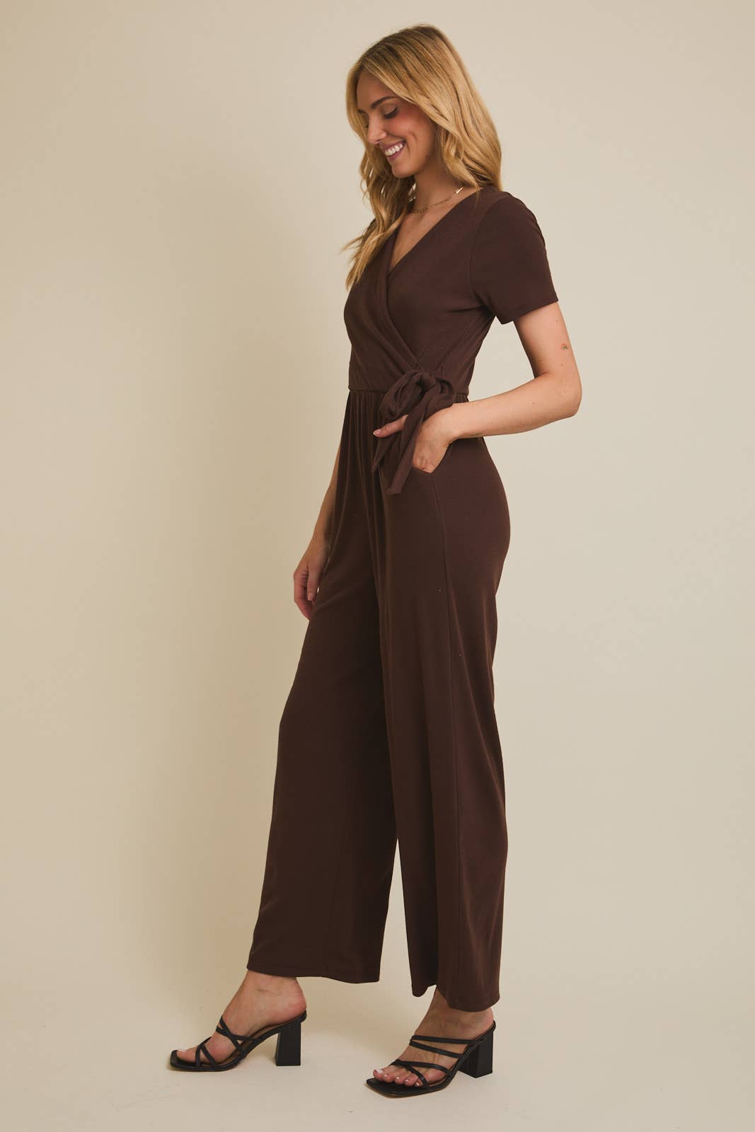 Women's Brown Surplice Wide Leg Jumpsuit