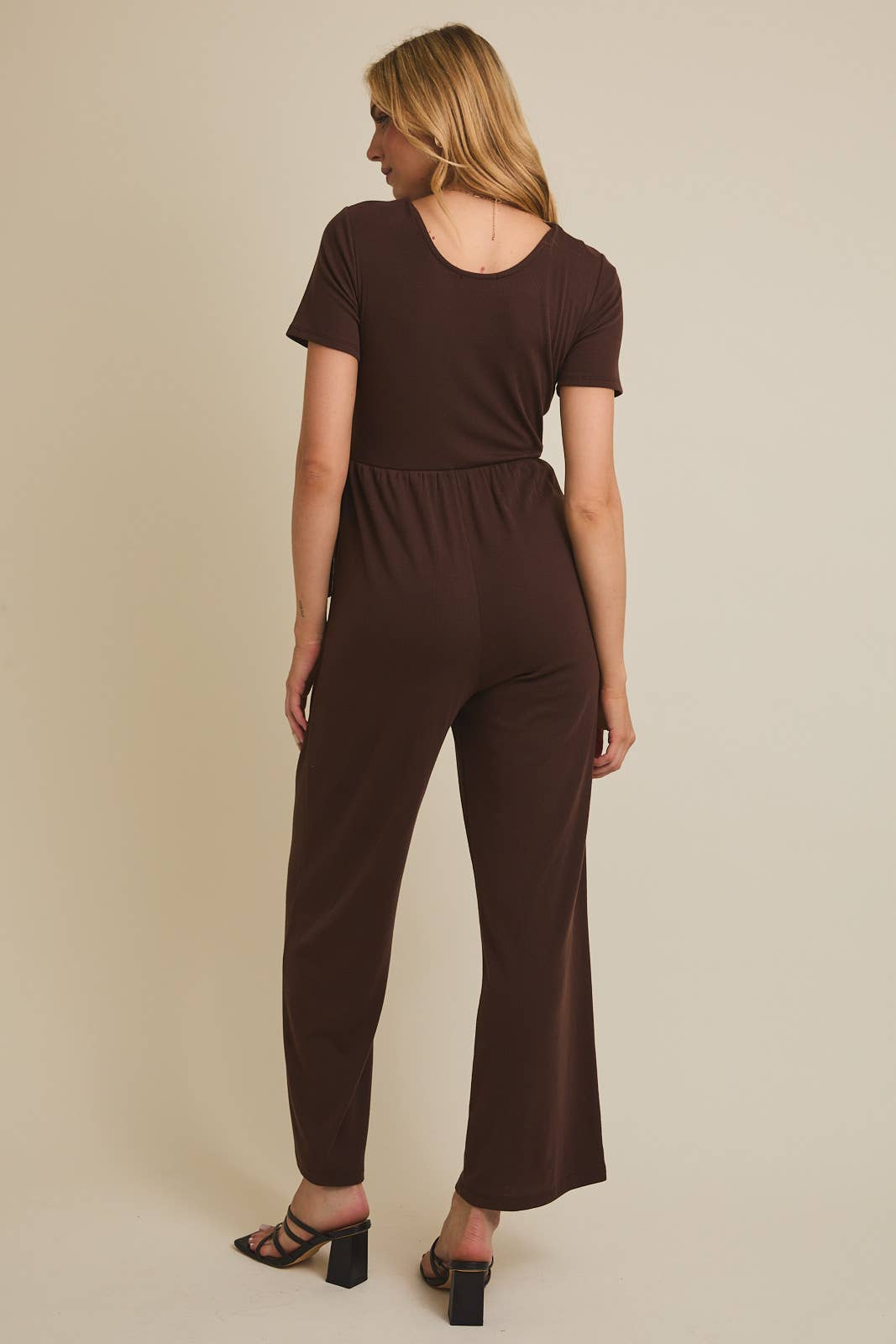 Women's Brown Surplice Wide Leg Jumpsuit