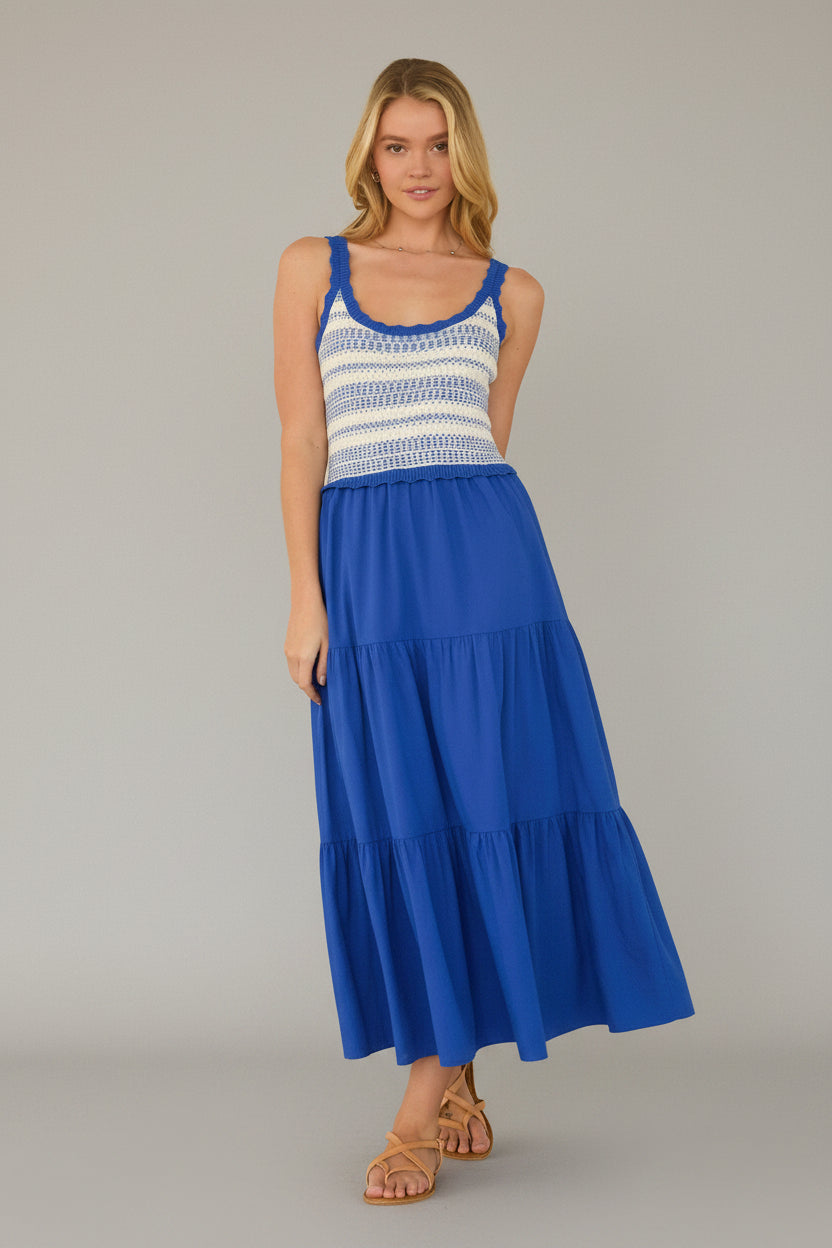 Crochet Tat nk Top Tiered Maxi Dress-Cobalt White Knit | Women's Dresses