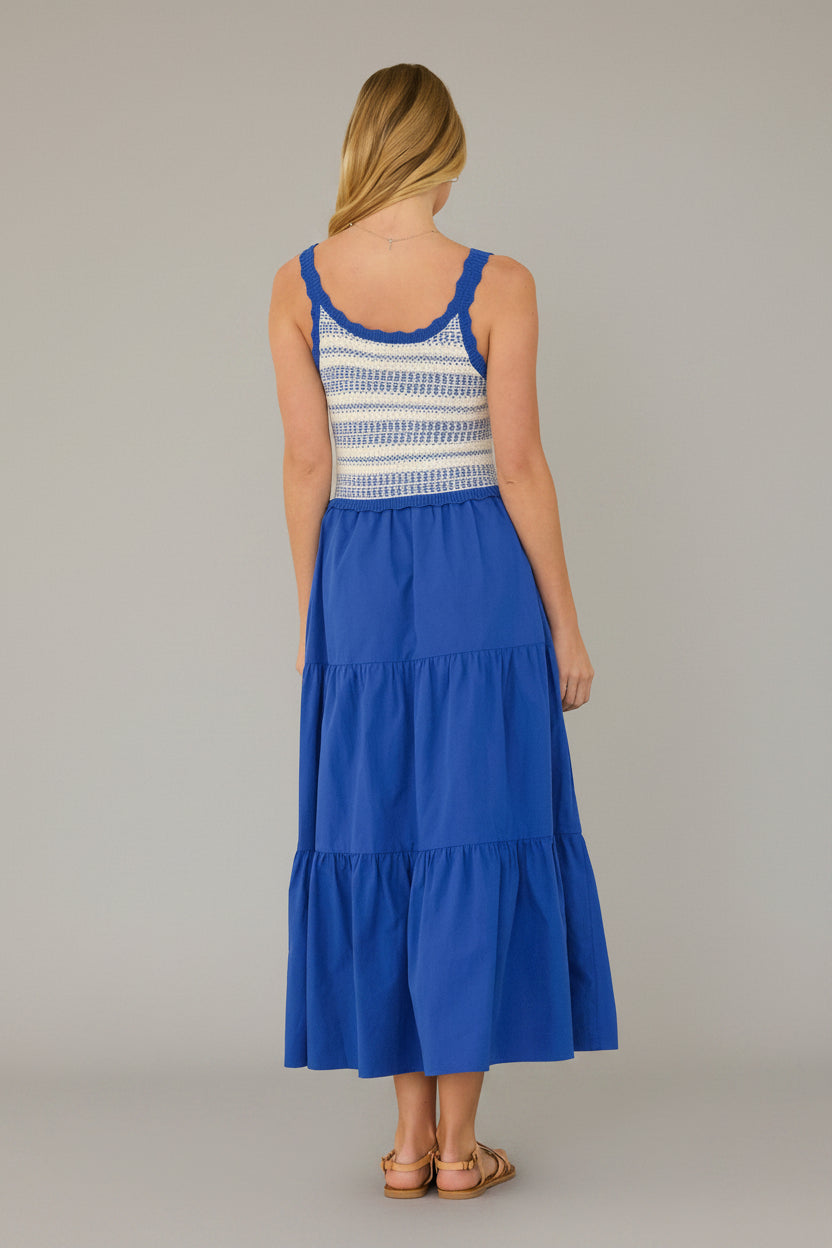 Crochet Tat nk Top Tiered Maxi Dress-Cobalt White Knit | Women's Dresses - Erma Jean Crochet Tat nk Top Tiered Maxi Dress-Cobalt White Knit | Women's Dresses - Erma Jean