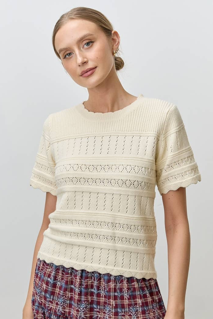 Crochet Knit Short Sleeve Top-Ivory