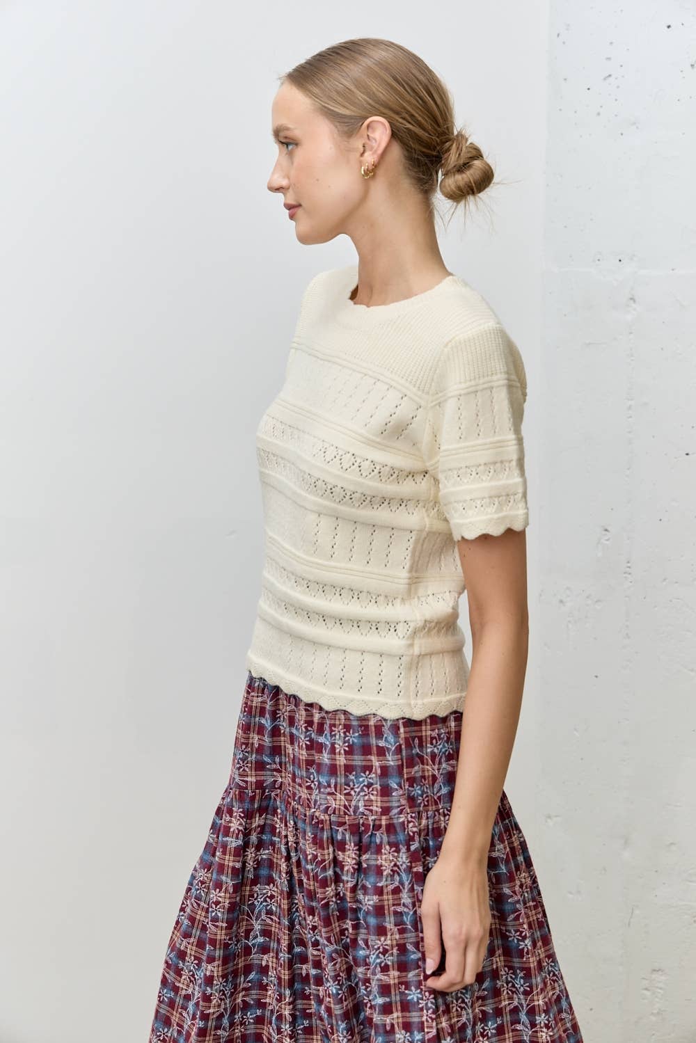 Crochet Knit Short Sleeve Top-Ivory