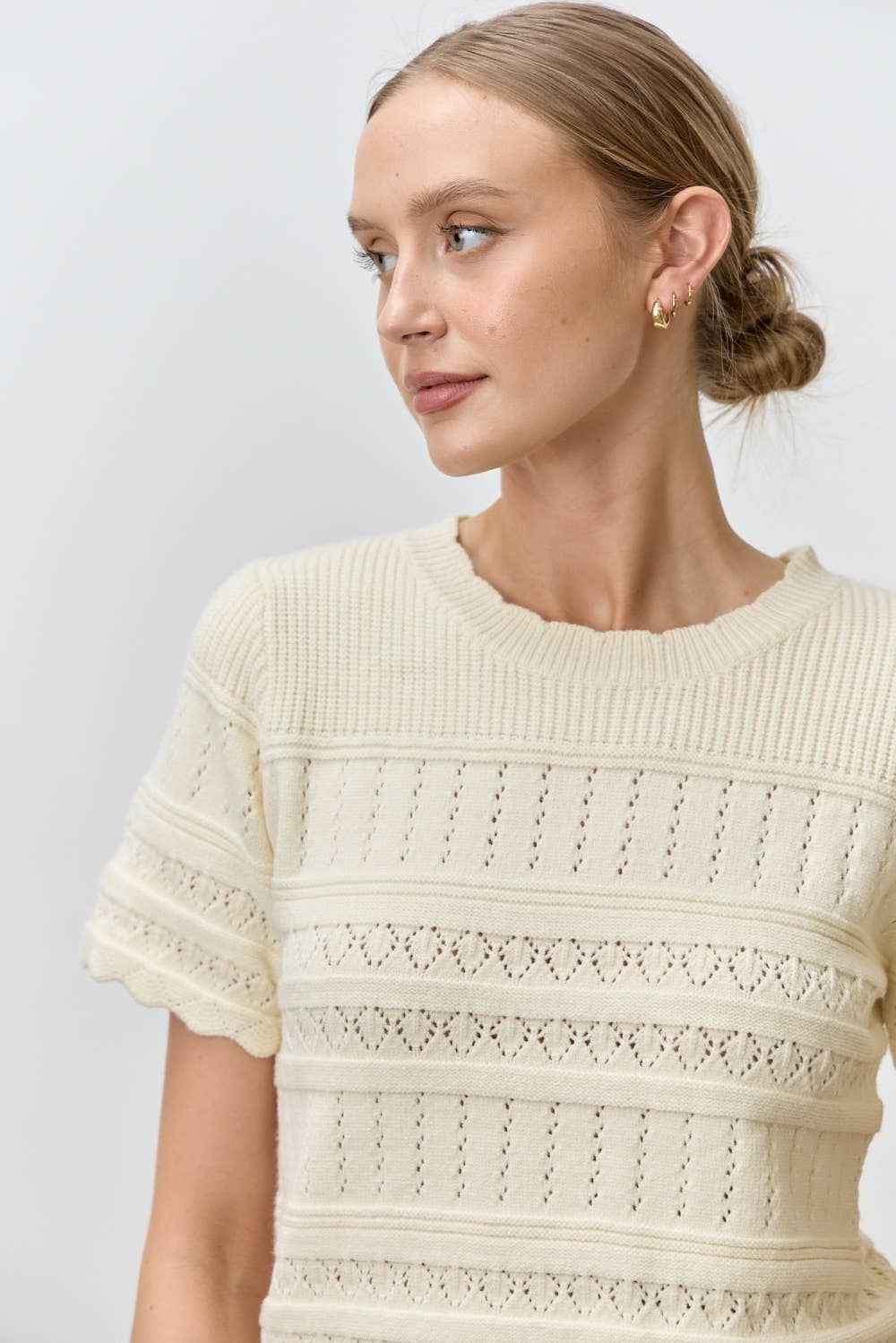 Crochet Knit Short Sleeve Top-Ivory