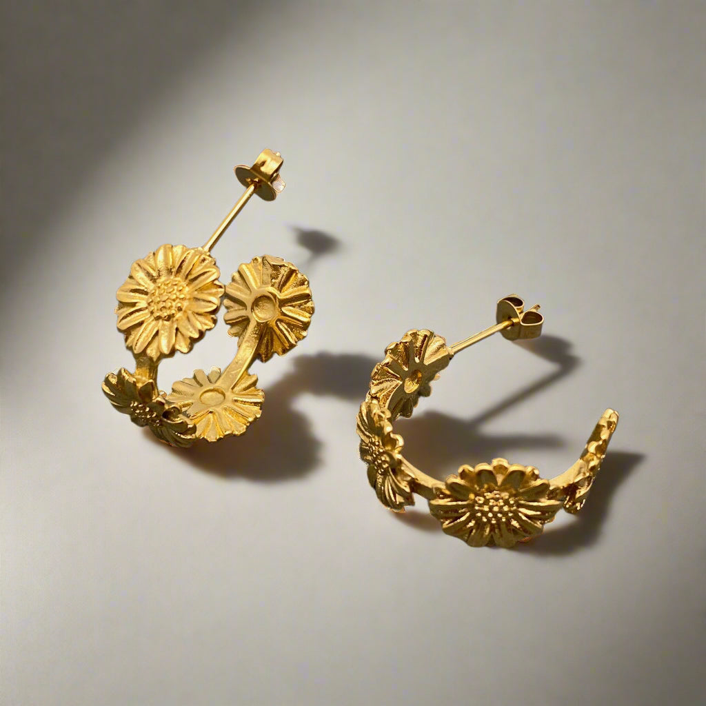 18K Non-Tarnish Daisy Hoop Earrings-Gold