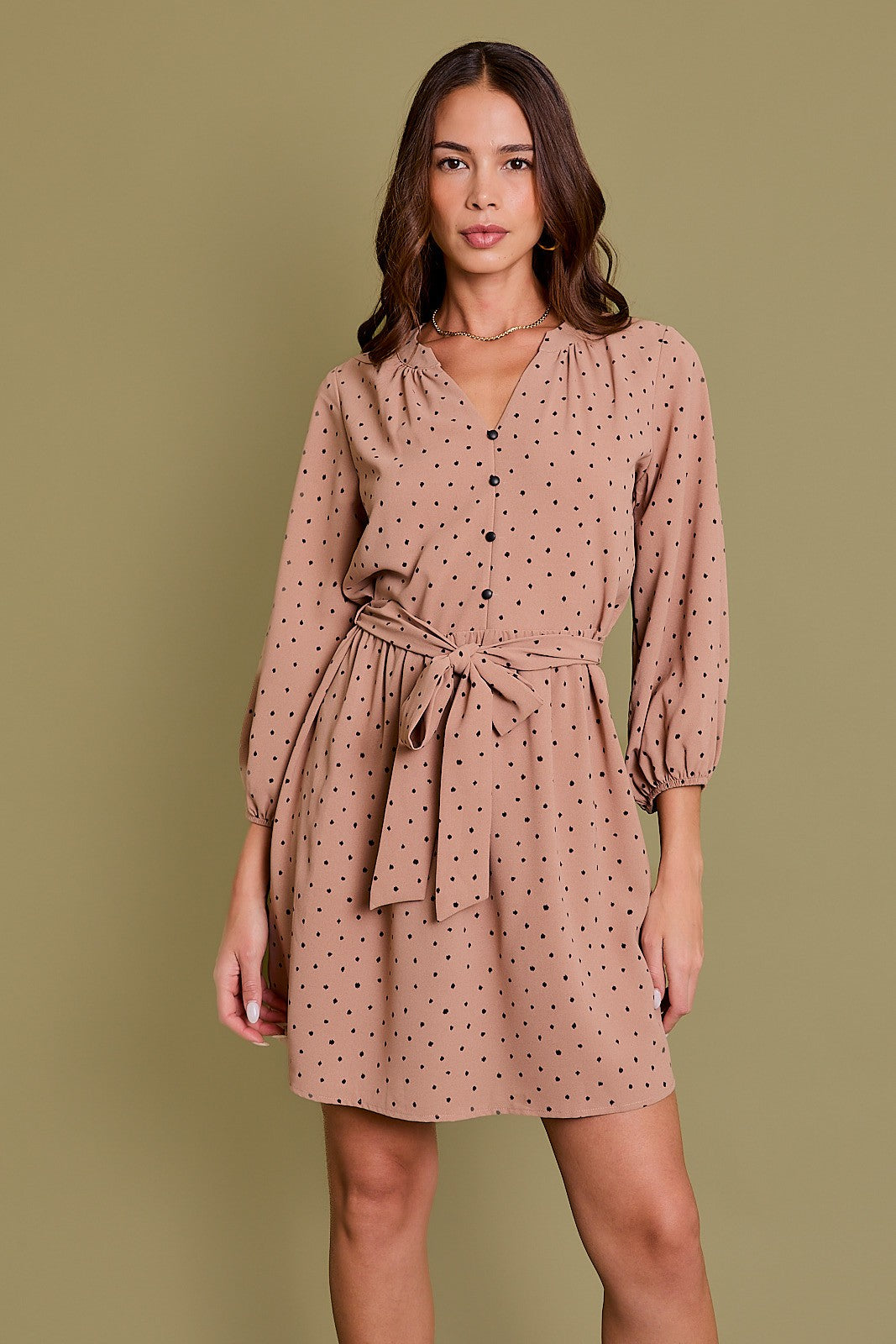 Long Sleeve V Slit Neckline Dress-Mocha Black Dot