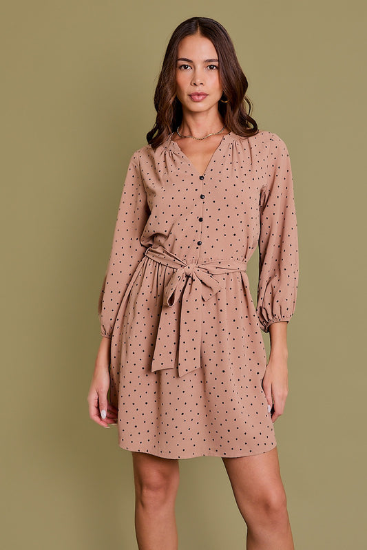 Long Sleeve V Slit Neckline Dress-Mocha Black Dot