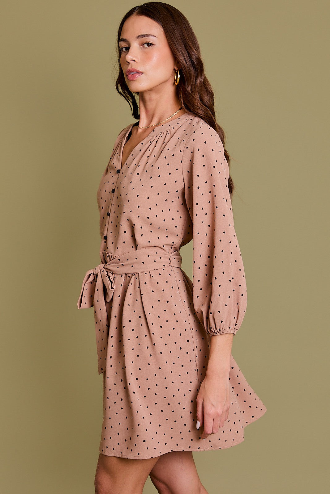 Long Sleeve V Slit Neckline Dress-Mocha Black Dot