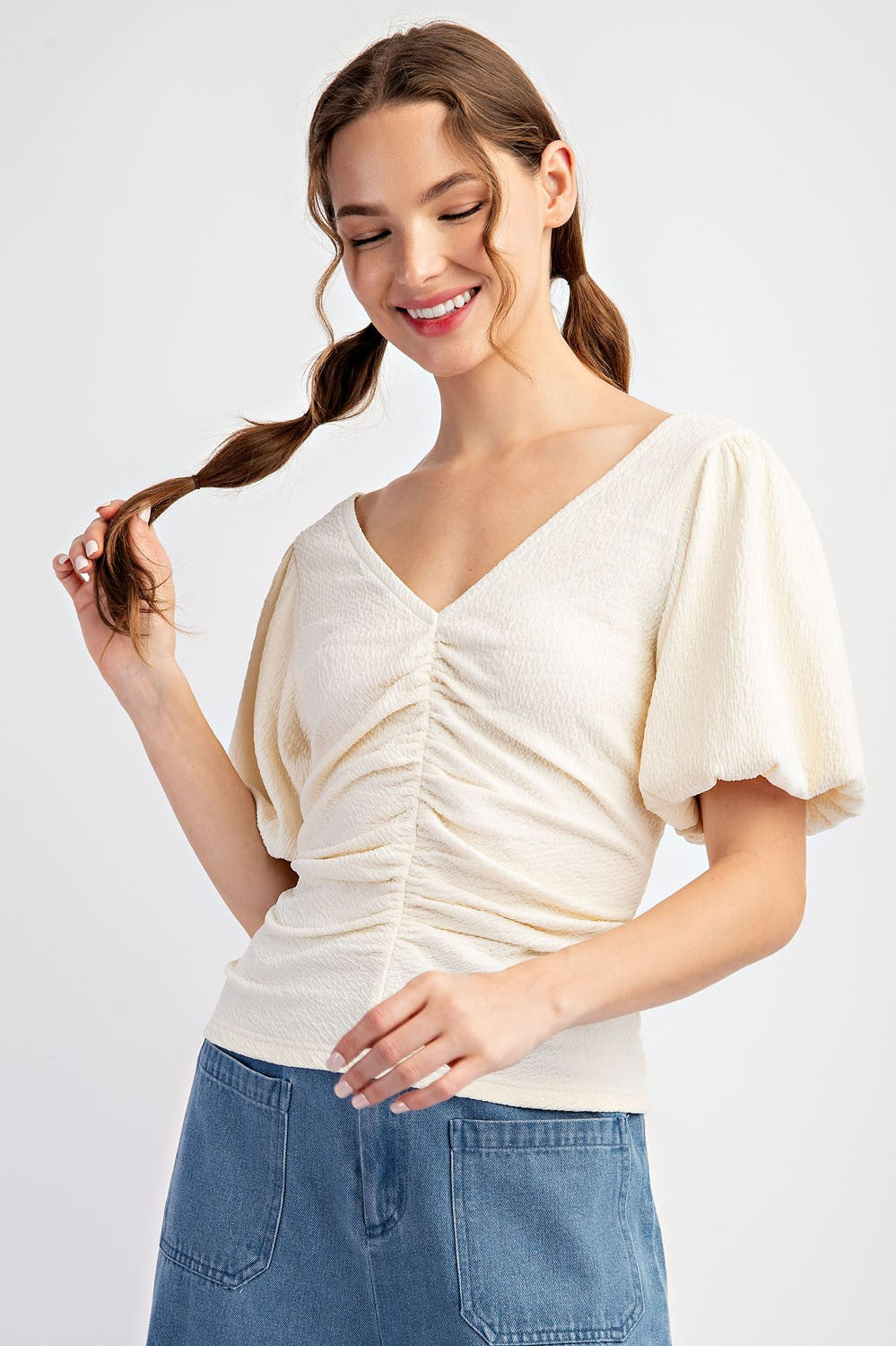 Ruched Front Puff Sleeve Solid Top-Cream