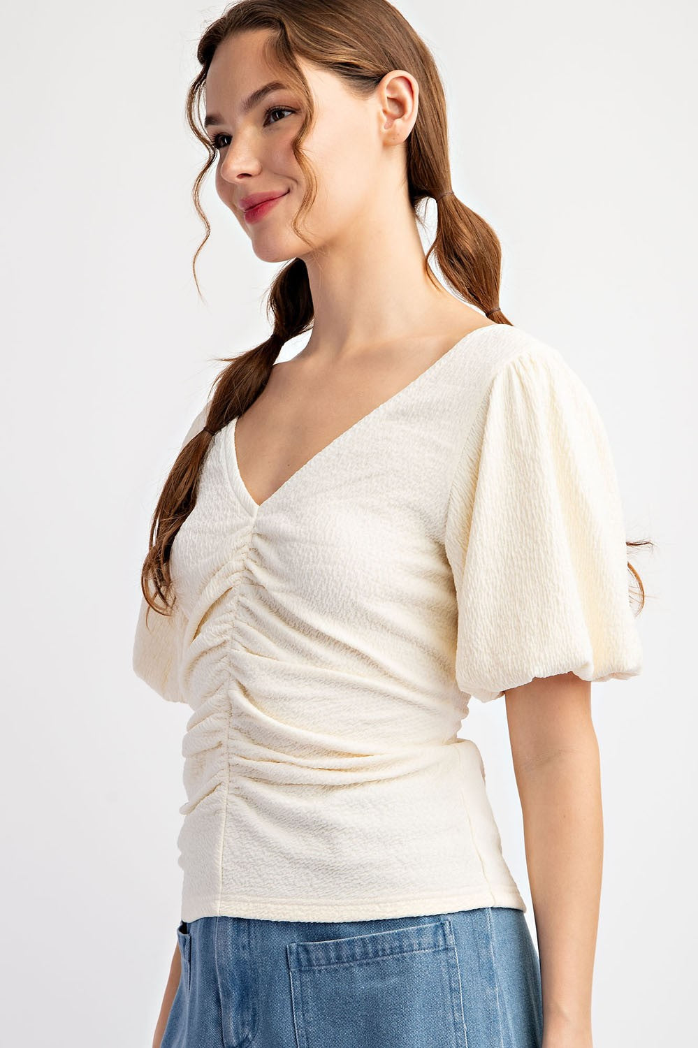 Ruched Front Puff Sleeve Solid Top-Cream