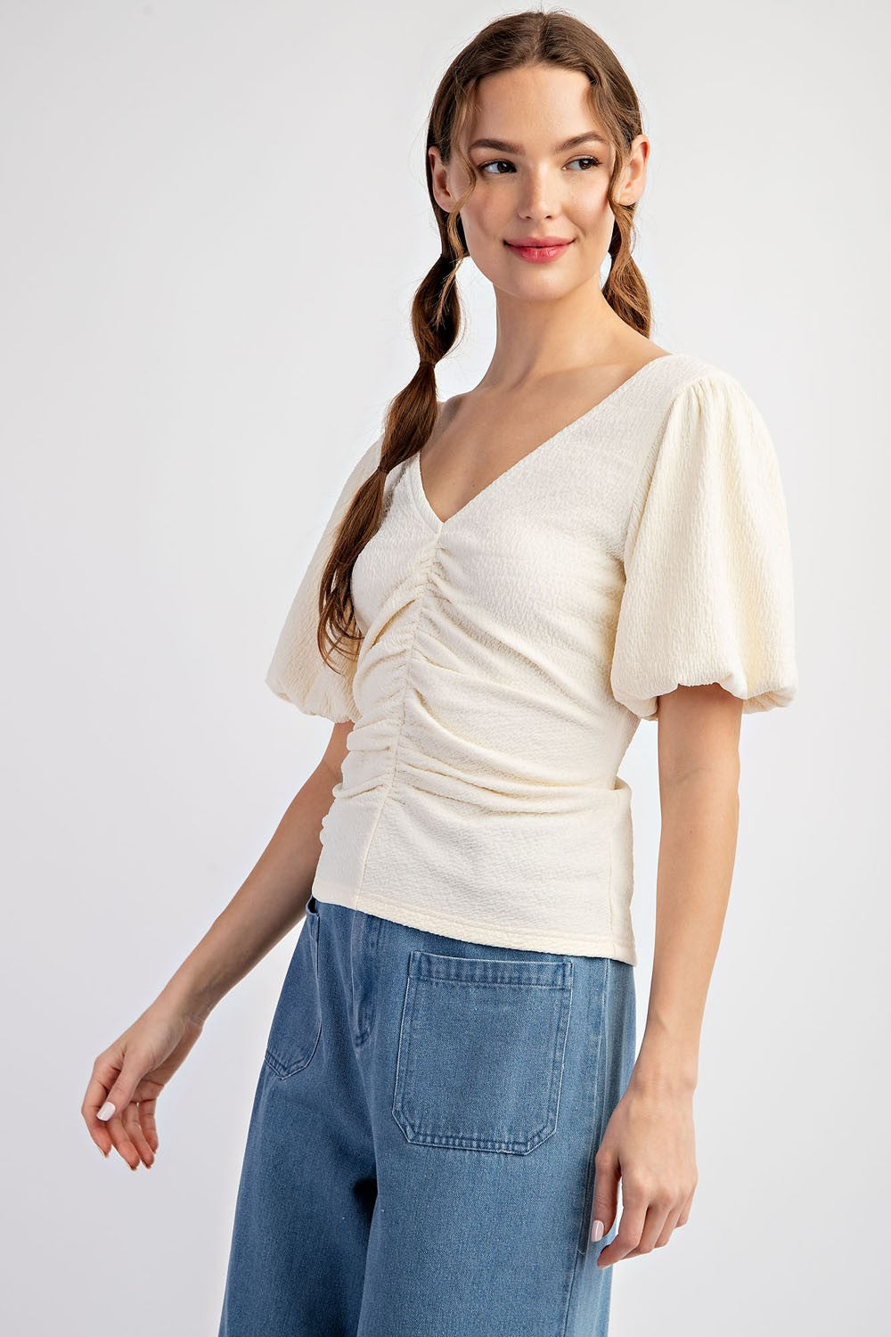 Ruched Front Puff Sleeve Solid Top-Cream