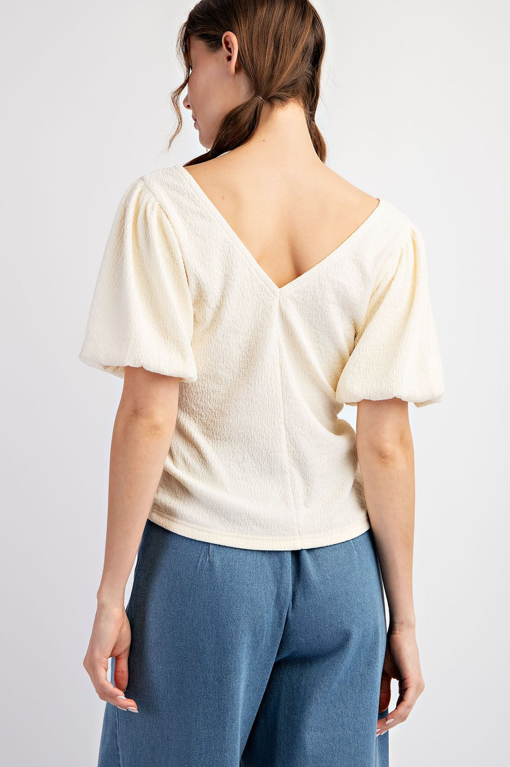 Ruched Front Puff Sleeve Solid Top-Cream