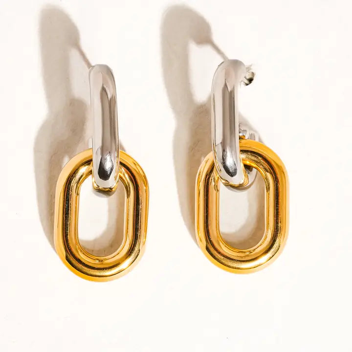 18K Non-Tarnish Double Chain Link Earrings-Gold Silver