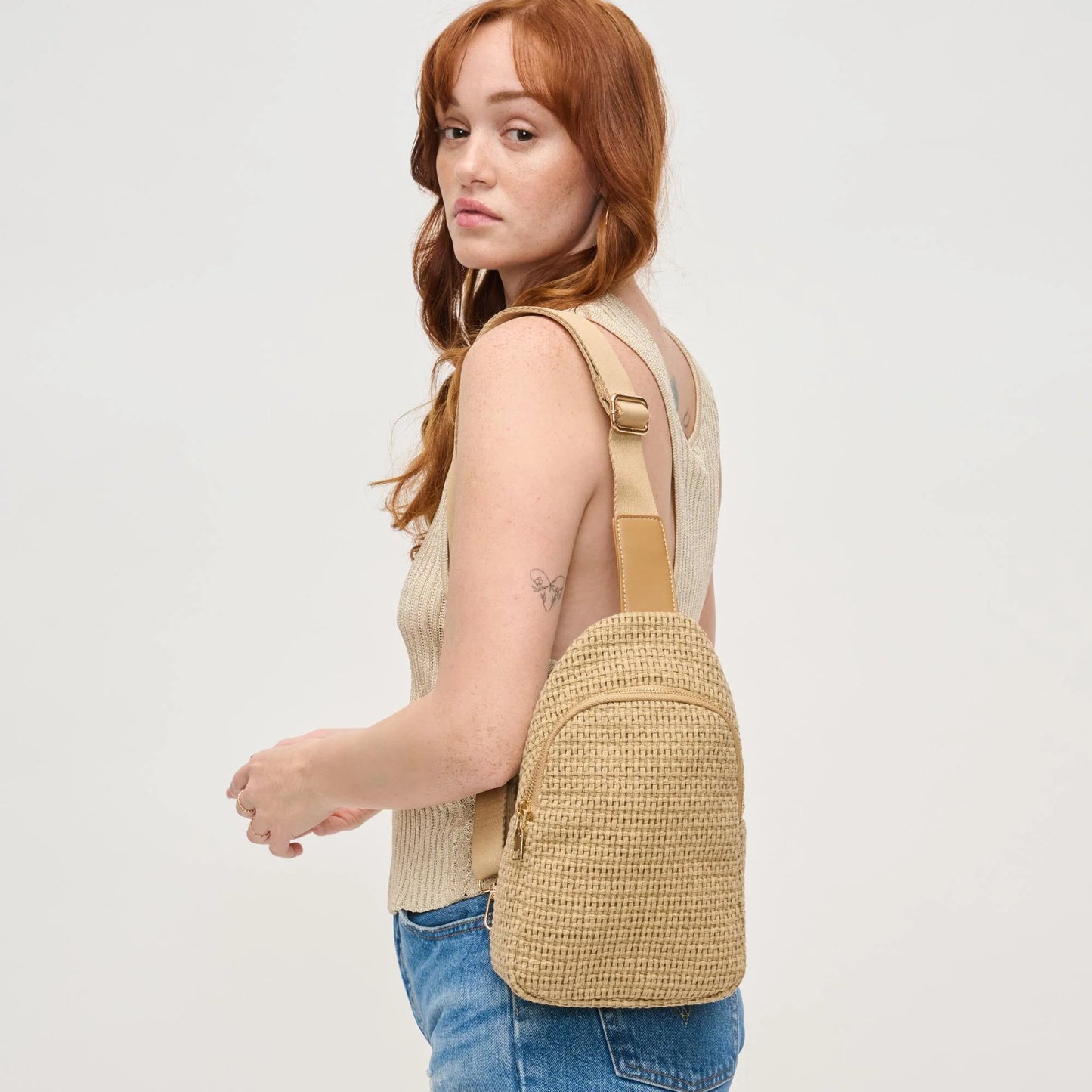 Woven Design Sling Backpack-Natural