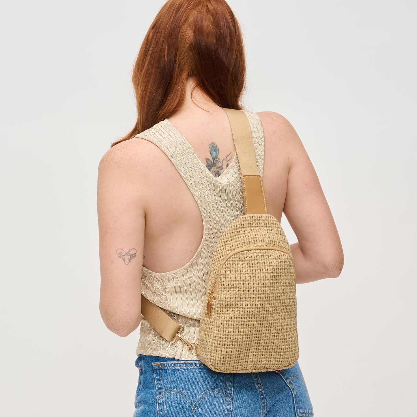 Woven Design Sling Backpack-Natural