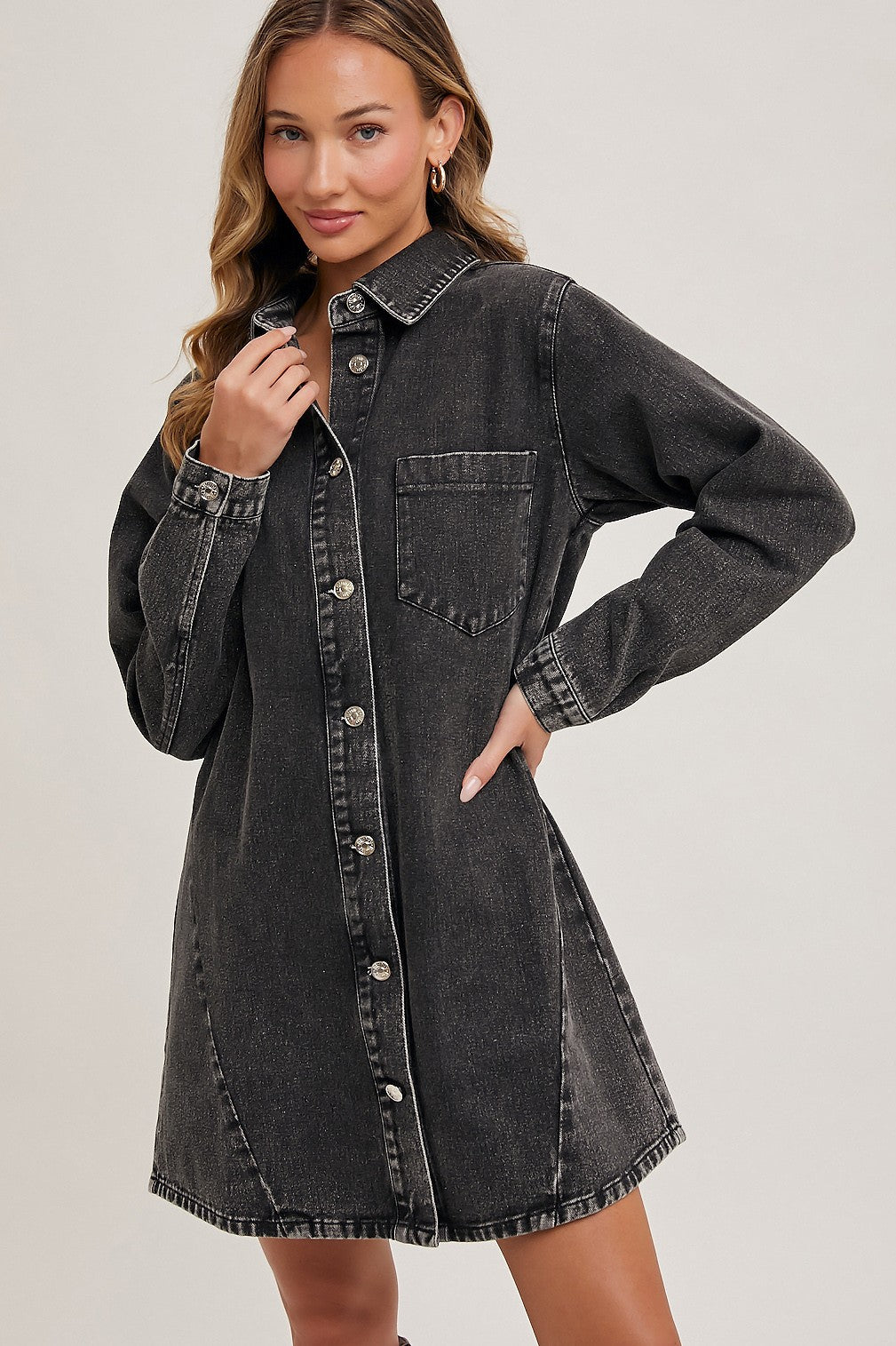 Denim Button Down Shirt Dress-Washed Black