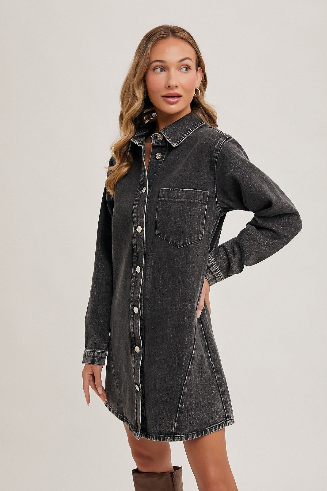 Denim Button Down Shirt Dress-Washed Black