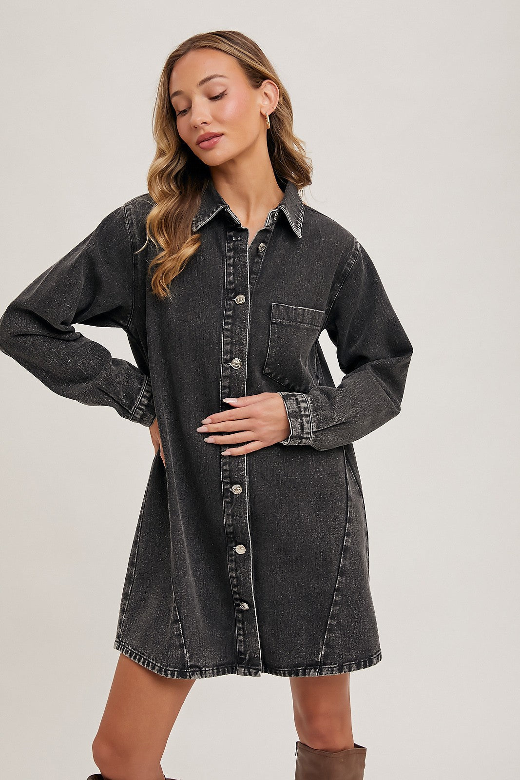 Denim Button Down Shirt Dress-Washed Black