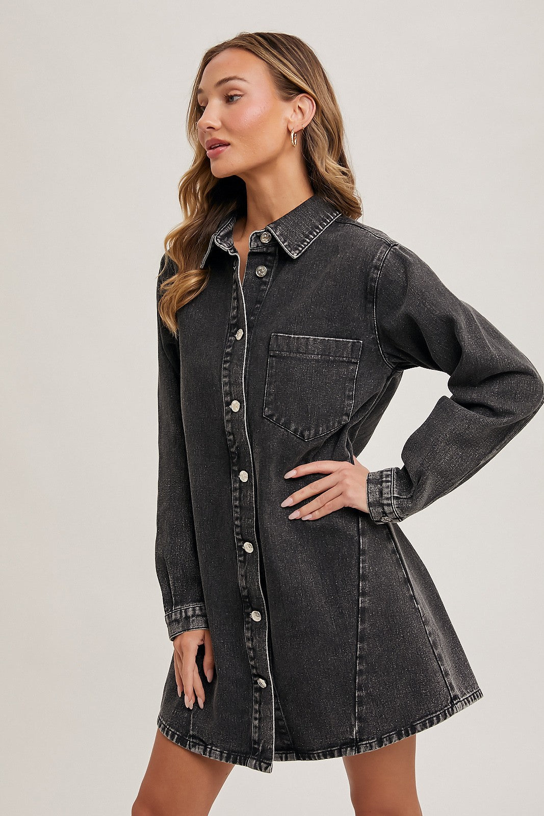 Denim Button Down Shirt Dress-Washed Black