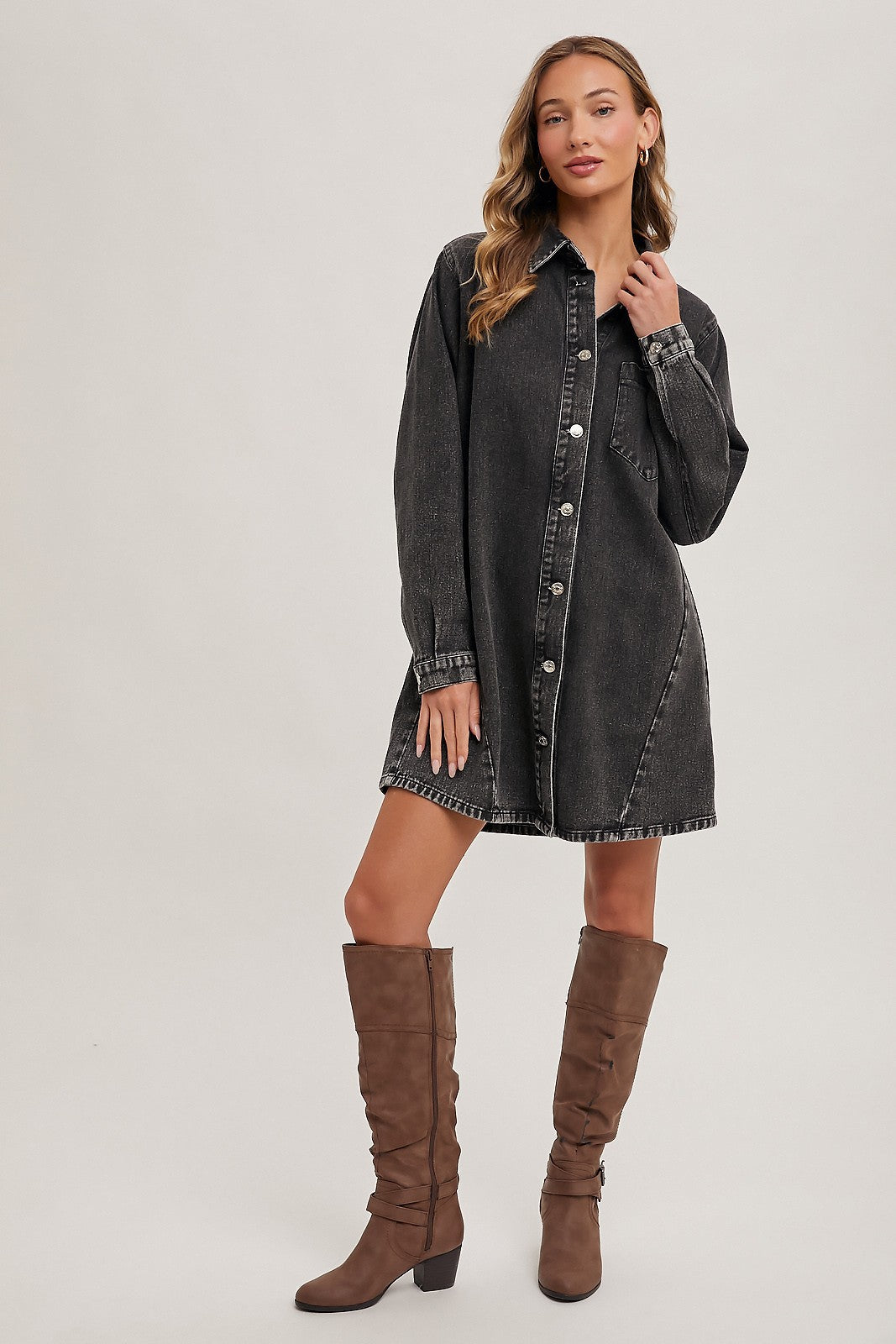 Denim Button Down Shirt Dress-Washed Black