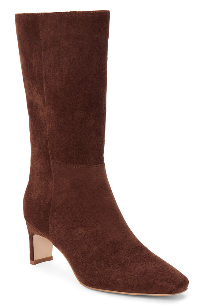 A slim kitten heel mid-calf brown suede boot on a white background.