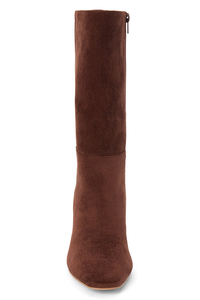 A slim kitten heel mid-calf brown suede boot shown from a front profile on a white background.