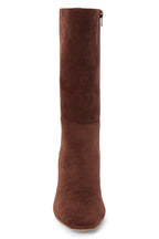 A slim kitten heel mid-calf brown suede boot shown from a front profile on a white background.