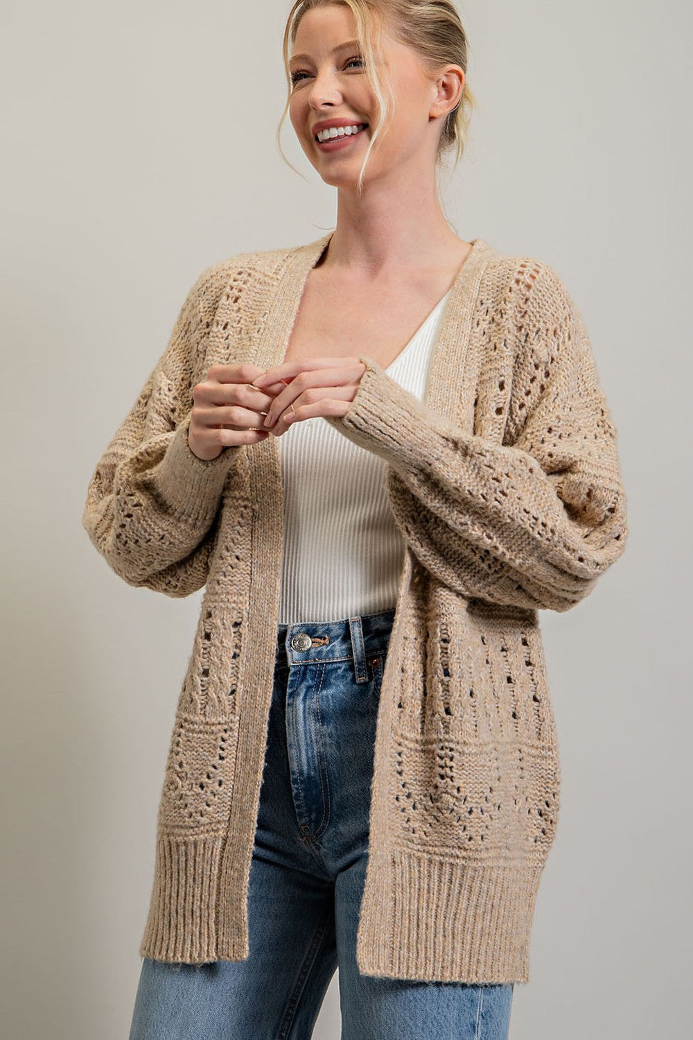 Open Front Crochet Cardigan-Oatmeal